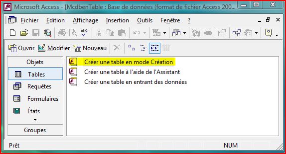 Cr&eacute;er une table en mode cr&eacute;ation