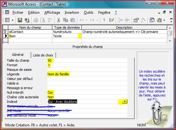 Cr&eacute;ation du champ NOM