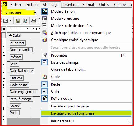 Menu pour afficher l'en-t�te de formulaire