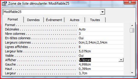 Les propri�t�s de la liste d�roulante pour l'onglet Format